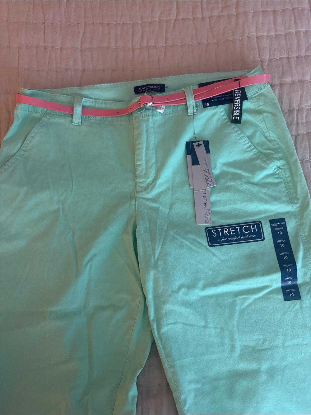 Bandolino Mint Straight-Leg Jeans with Pink Belt reversible belt.